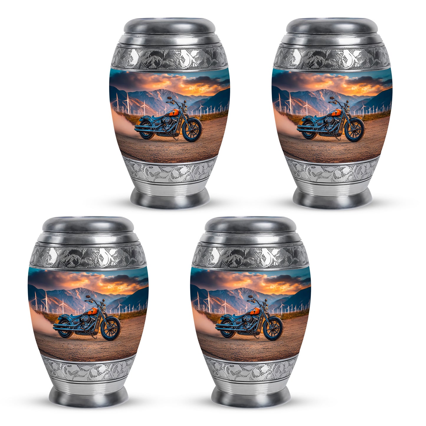 Soft Teal Bike Cremation Urn urn with complimentary velvet bag - ornate monarch-style bike relief on brushed aluminum - 10 inch aluminum urn for cremated remains