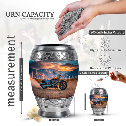 Deep Teal Bike Cremation Urn lifestyle display on memorial shelf - majestic bike pattern with filigree border - mini keepsake memorial for portion of cremation ashes