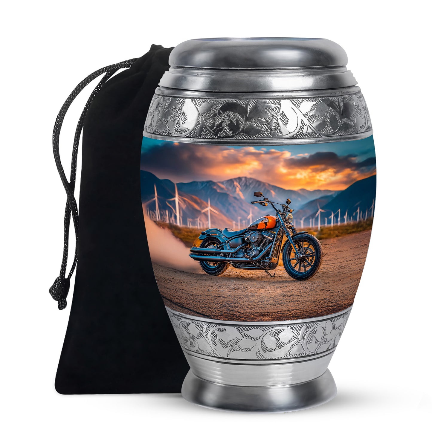 Aqua Teal Bike Cremation Urn back view with polished surface - majestic bike pattern with filigree border - full-size 10 inch 200 cubic inch adult cremation urn