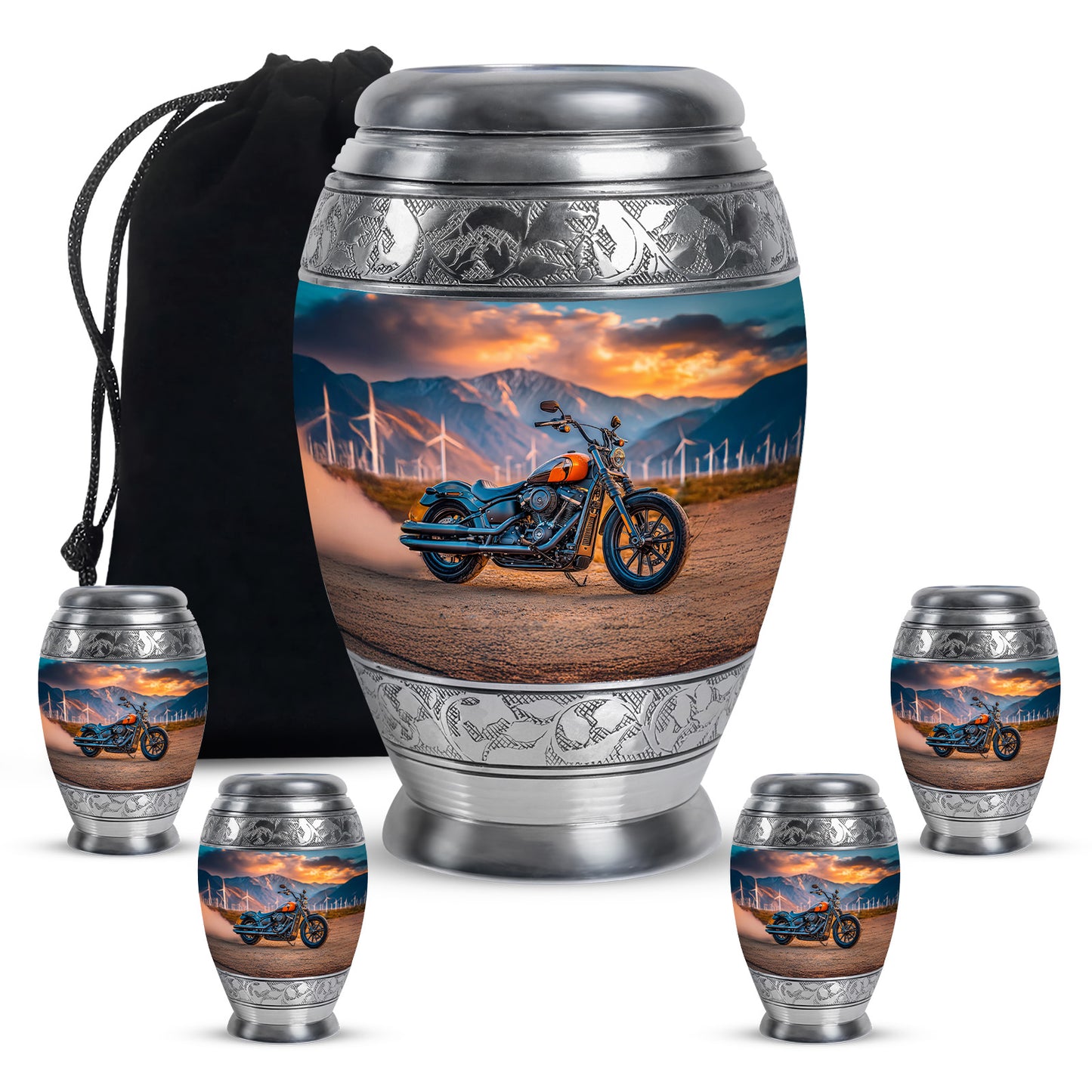 Vivid Teal Bike Cremation Urn detail view - royal bike engraving with decorative scrollwork - memorial set with one large and four small urns