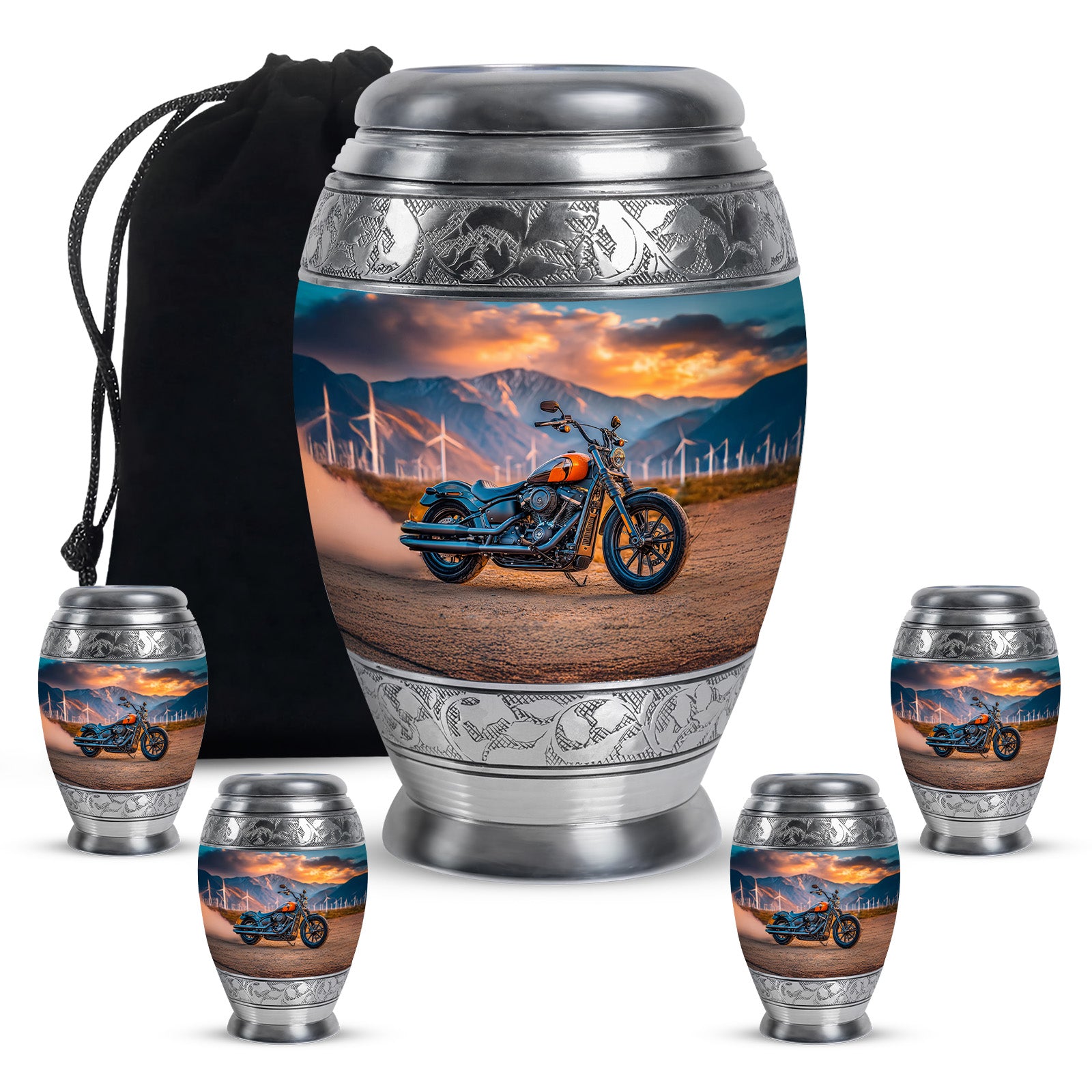 Vivid Teal Bike Cremation Urn detail view - royal bike engraving with decorative scrollwork - memorial set with one large and four small urns