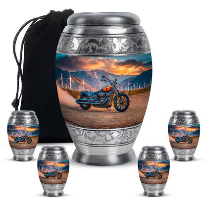 Vivid Teal Bike Cremation Urn detail view - royal bike engraving with decorative scrollwork - memorial set with one large and four small urns