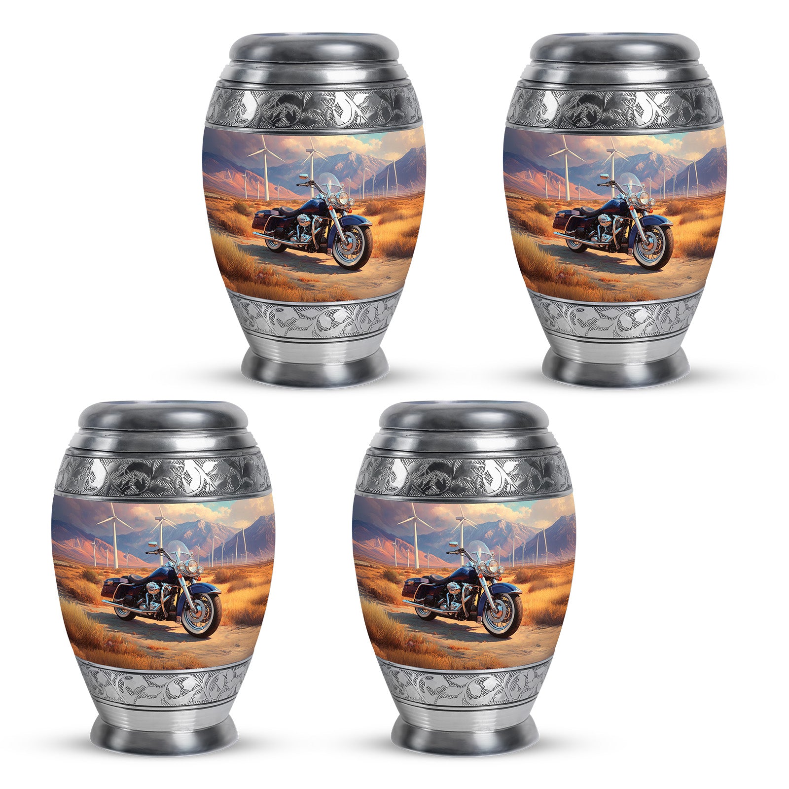 Antique Gold Bike Cremation Urn urn with complimentary velvet bag - ornate monarch-style bike relief on brushed aluminum - 10 inch aluminum urn for cremated remains