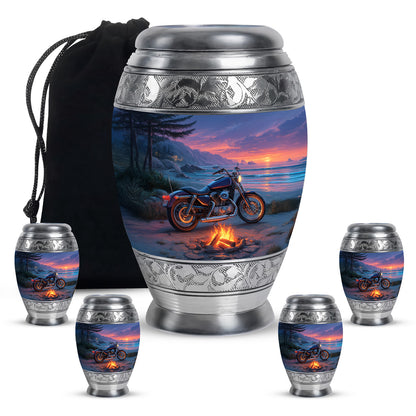 Bright Blue Bike Cremation Urn detail view - majestic bike pattern with filigree border - memorial set with one large and four small urns