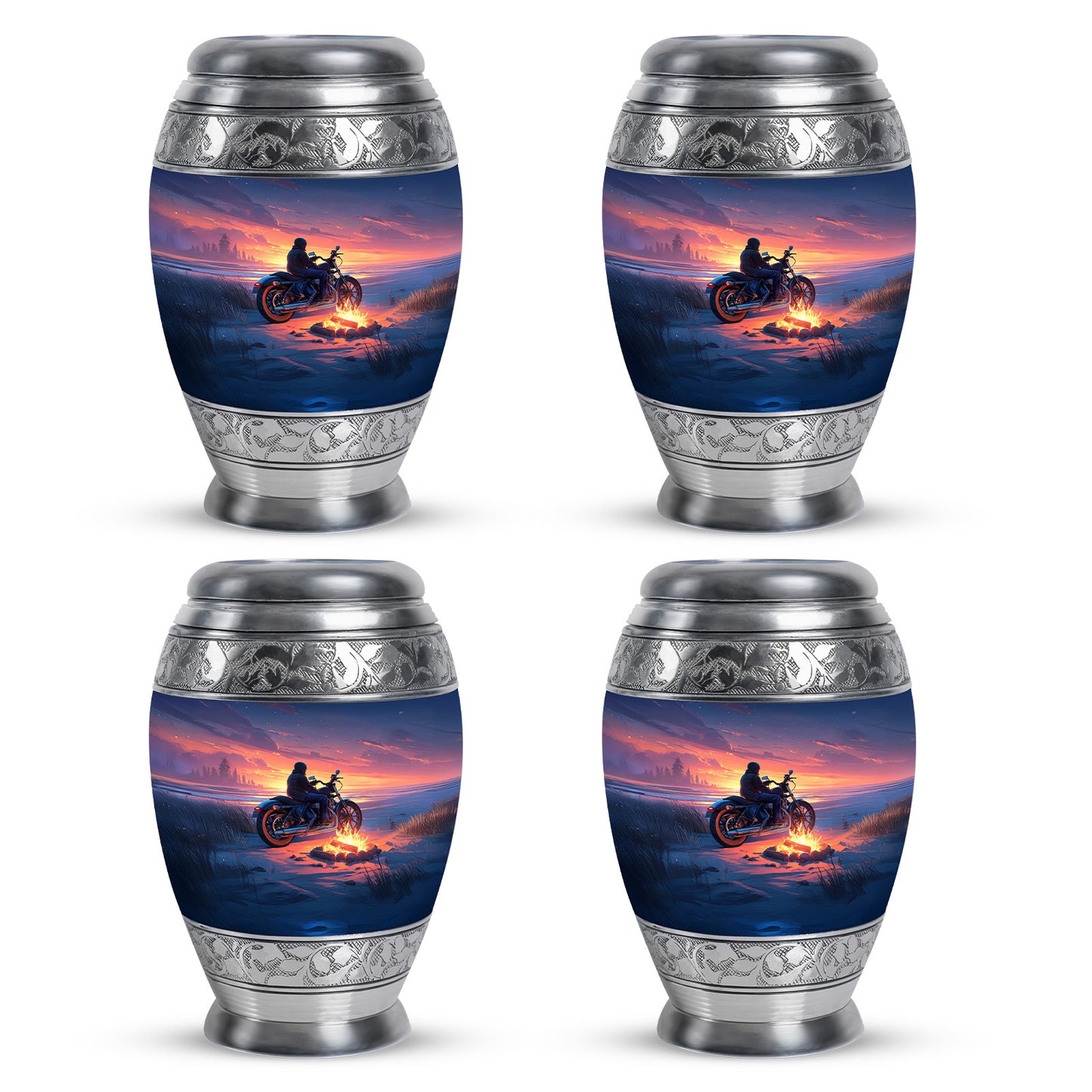 Vivid Blue Bike Cremation Urn urn with complimentary velvet bag - royal bike engraving with decorative scrollwork - 10 inch aluminum urn for cremated remains