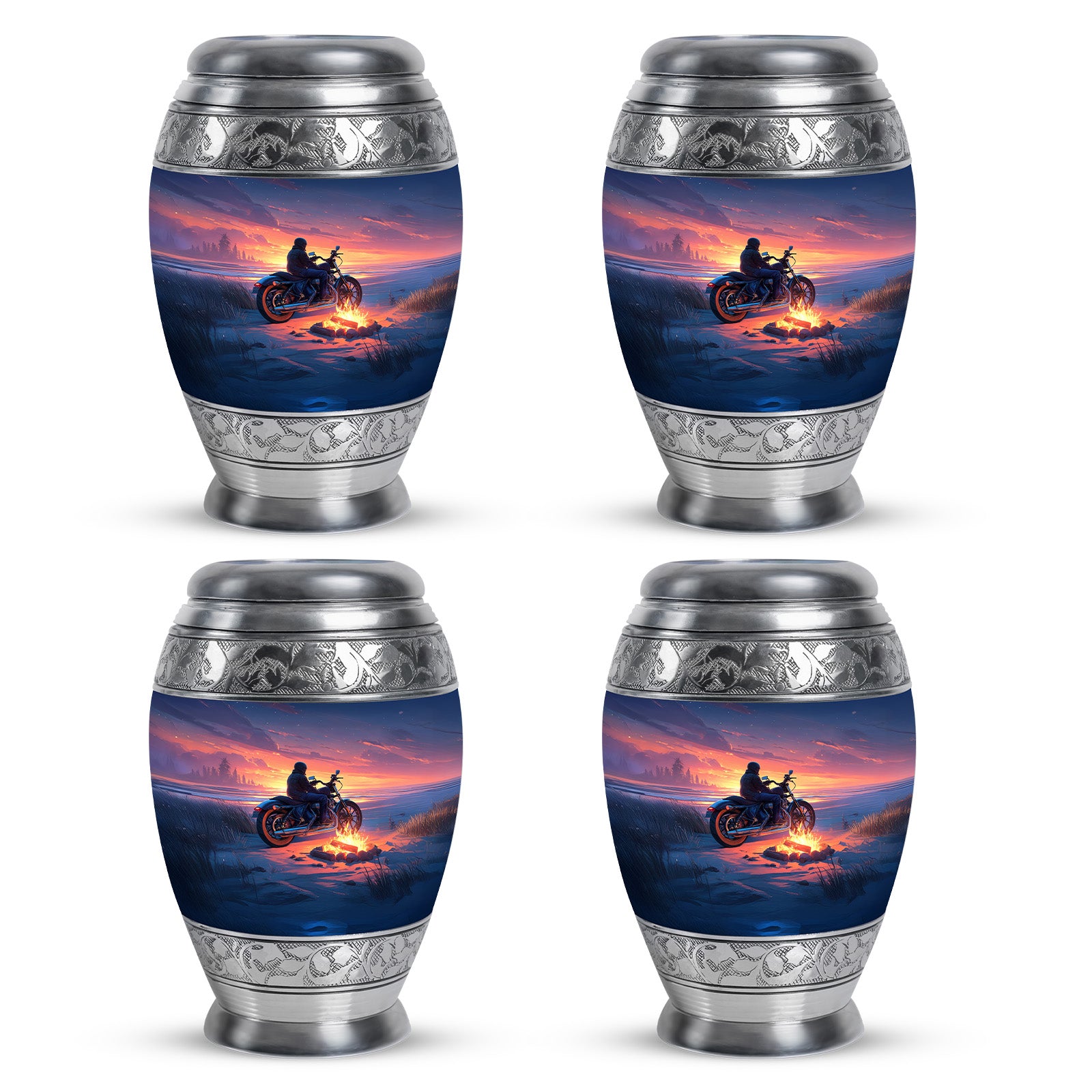 Vivid Blue Bike Cremation Urn urn with complimentary velvet bag - royal bike engraving with decorative scrollwork - 10 inch aluminum urn for cremated remains