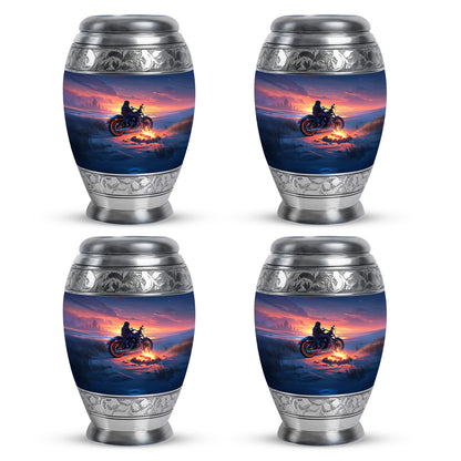 Vivid Blue Bike Cremation Urn urn with complimentary velvet bag - royal bike engraving with decorative scrollwork - 10 inch aluminum urn for cremated remains