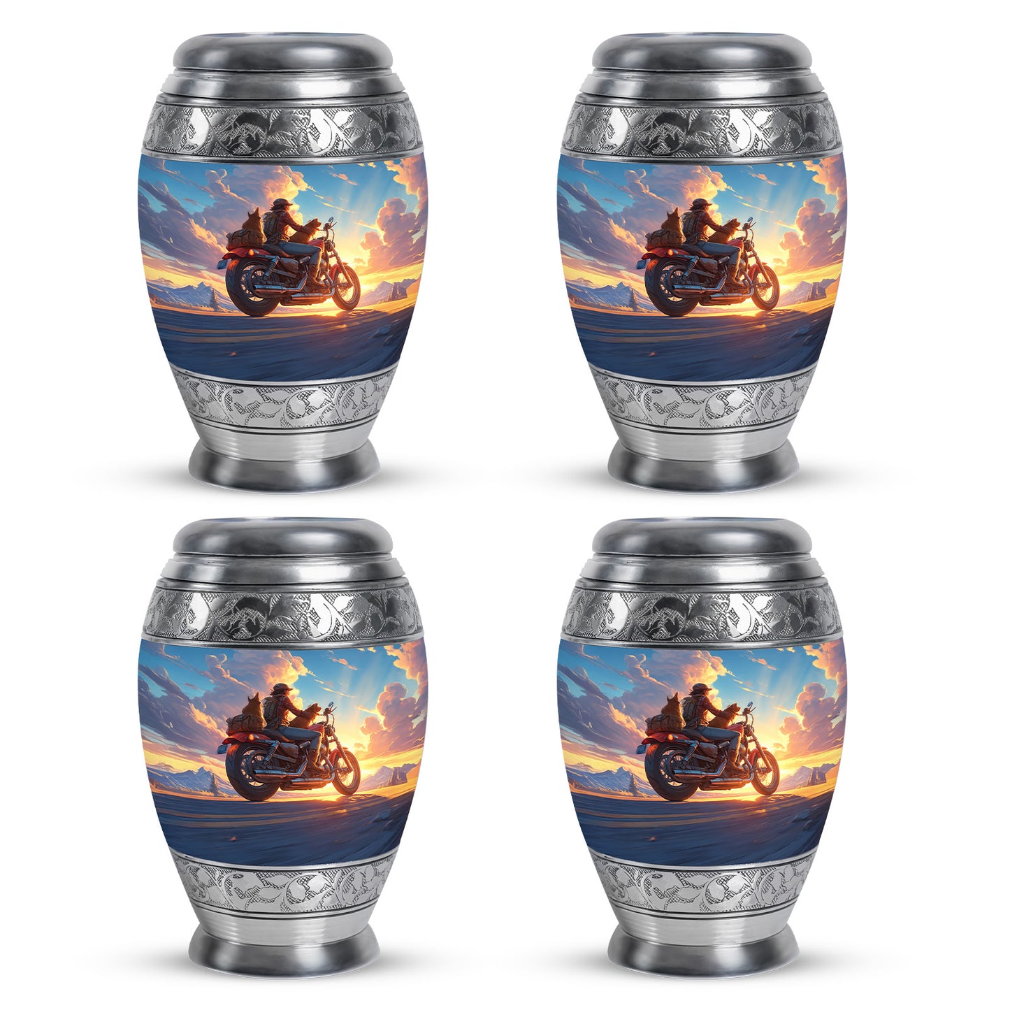 Icy Blue Bike Cremation Urn urn with complimentary velvet bag - regal bike design with crown-inspired accents - 10 inch aluminum urn for cremated remains