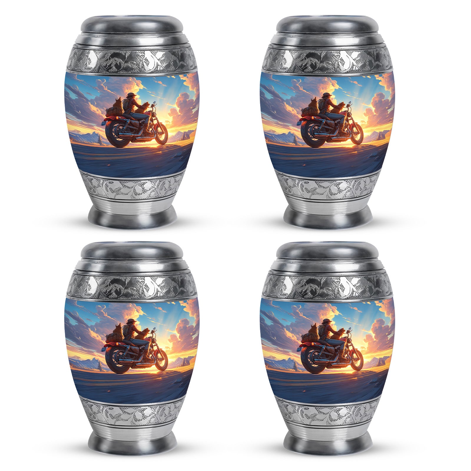 Icy Blue Bike Cremation Urn urn with complimentary velvet bag - regal bike design with crown-inspired accents - 10 inch aluminum urn for cremated remains
