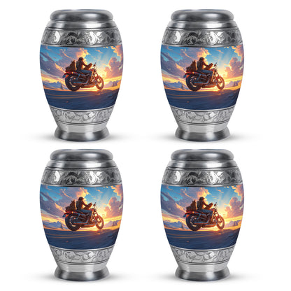 Icy Blue Bike Cremation Urn urn with complimentary velvet bag - regal bike design with crown-inspired accents - 10 inch aluminum urn for cremated remains