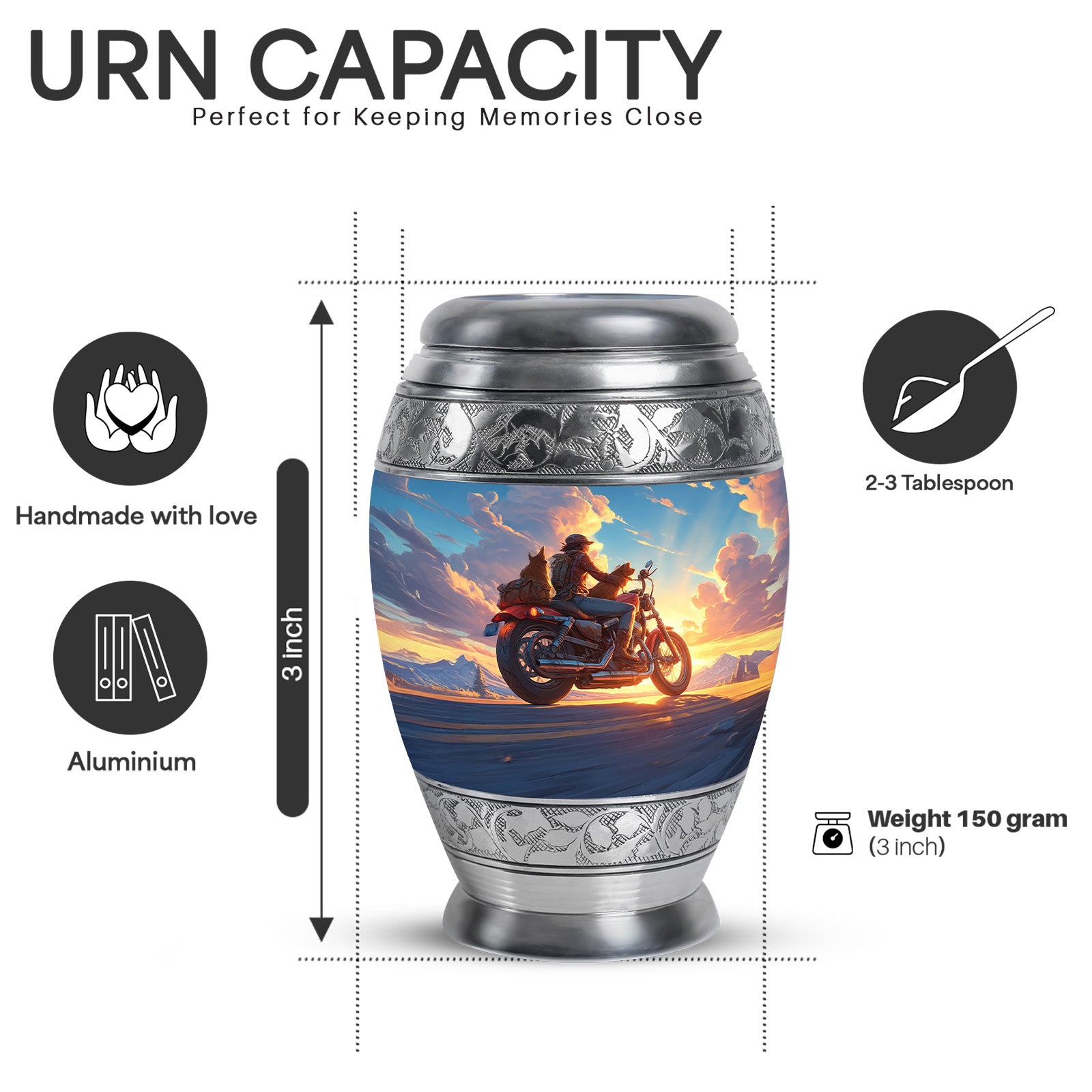 Powder Blue Bike Cremation Urn lifestyle display on memorial shelf - ornate monarch-style bike relief on brushed aluminum - mini keepsake memorial for portion of cremation ashes