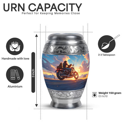 Powder Blue Bike Cremation Urn lifestyle display on memorial shelf - ornate monarch-style bike relief on brushed aluminum - mini keepsake memorial for portion of cremation ashes