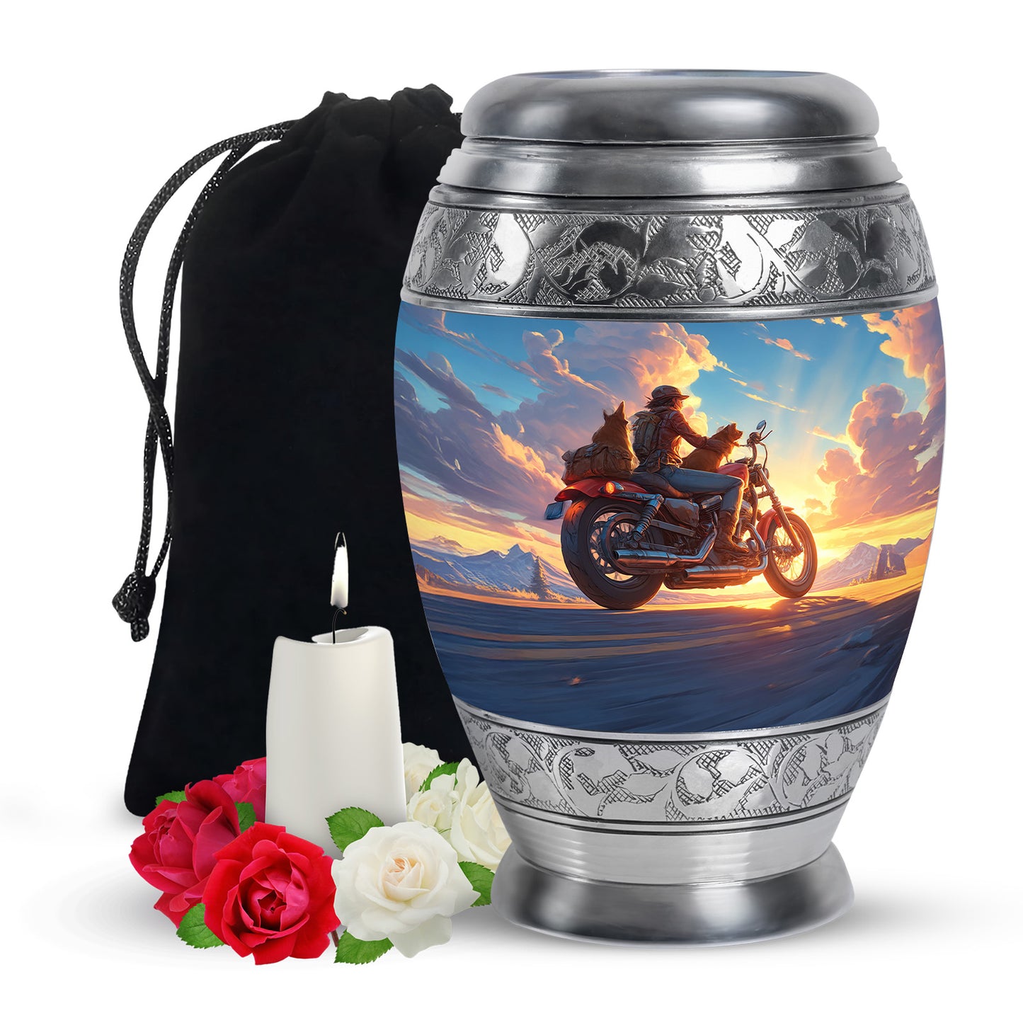 Serene Blue Bike Cremation Urn back view with polished surface - royal bike engraving with decorative scrollwork - full-size 10 inch 200 cubic inch adult cremation urn