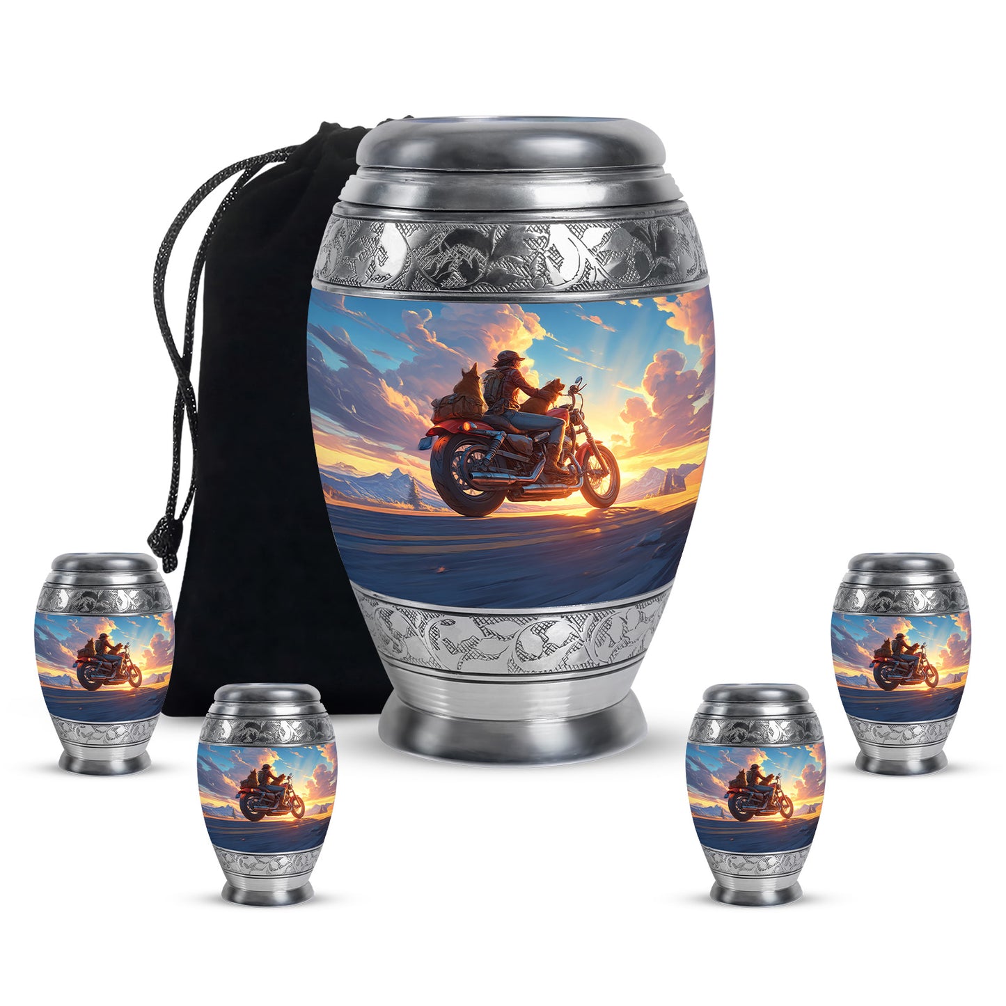 Serene Blue Bike Cremation Urn detail view - majestic bike pattern with filigree border - memorial set with one large and four small urns