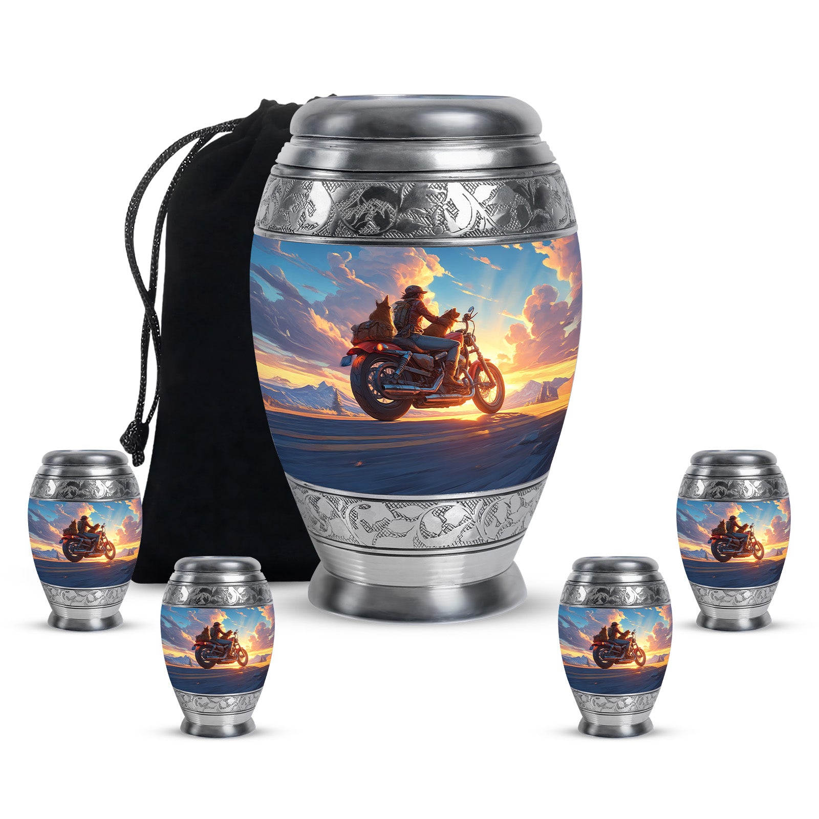 Serene Blue Bike Cremation Urn detail view - majestic bike pattern with filigree border - memorial set with one large and four small urns