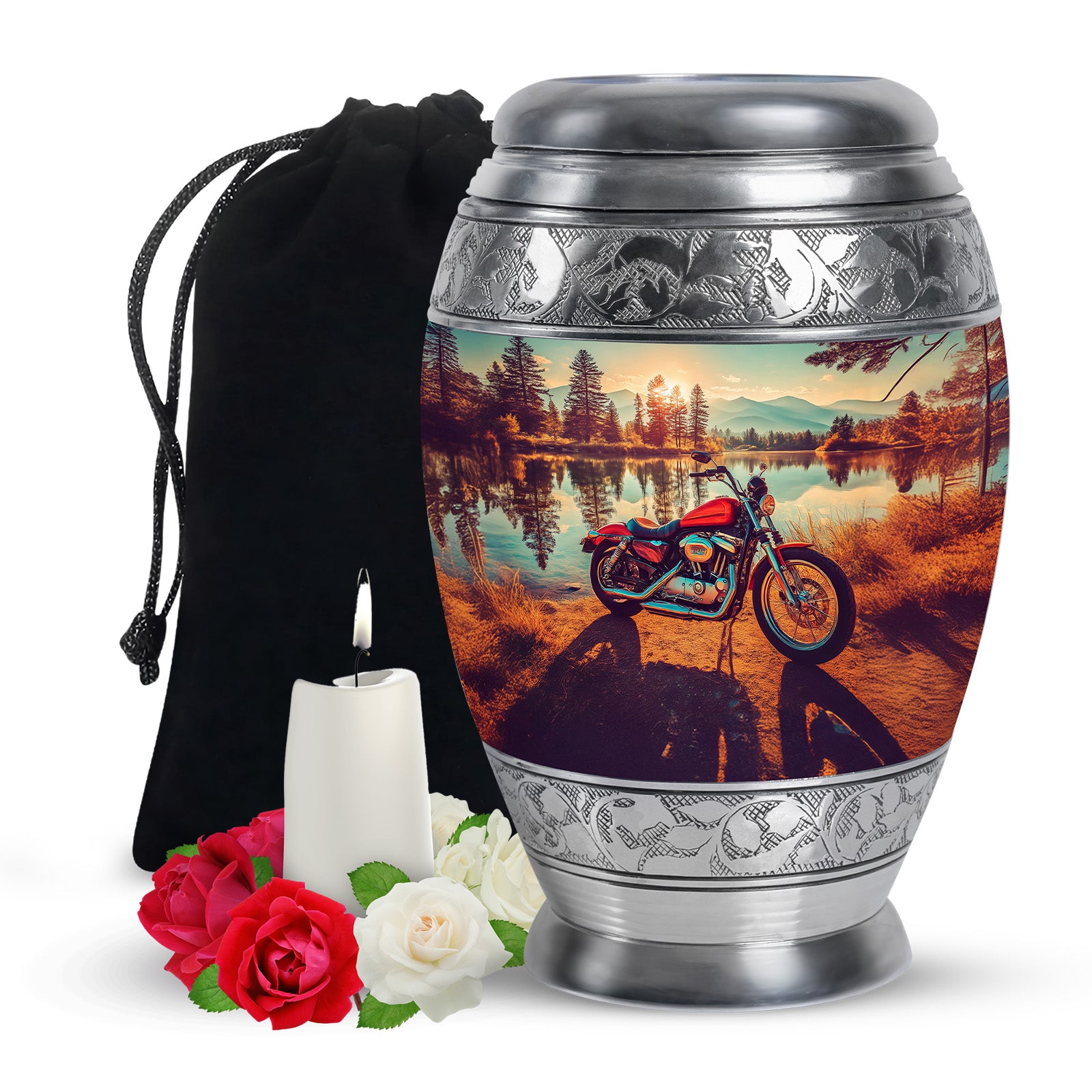 Burnished Gold Bike Cremation Urn back view with polished surface - royal bike engraving with decorative scrollwork - full-size 10 inch 200 cubic inch adult cremation urn