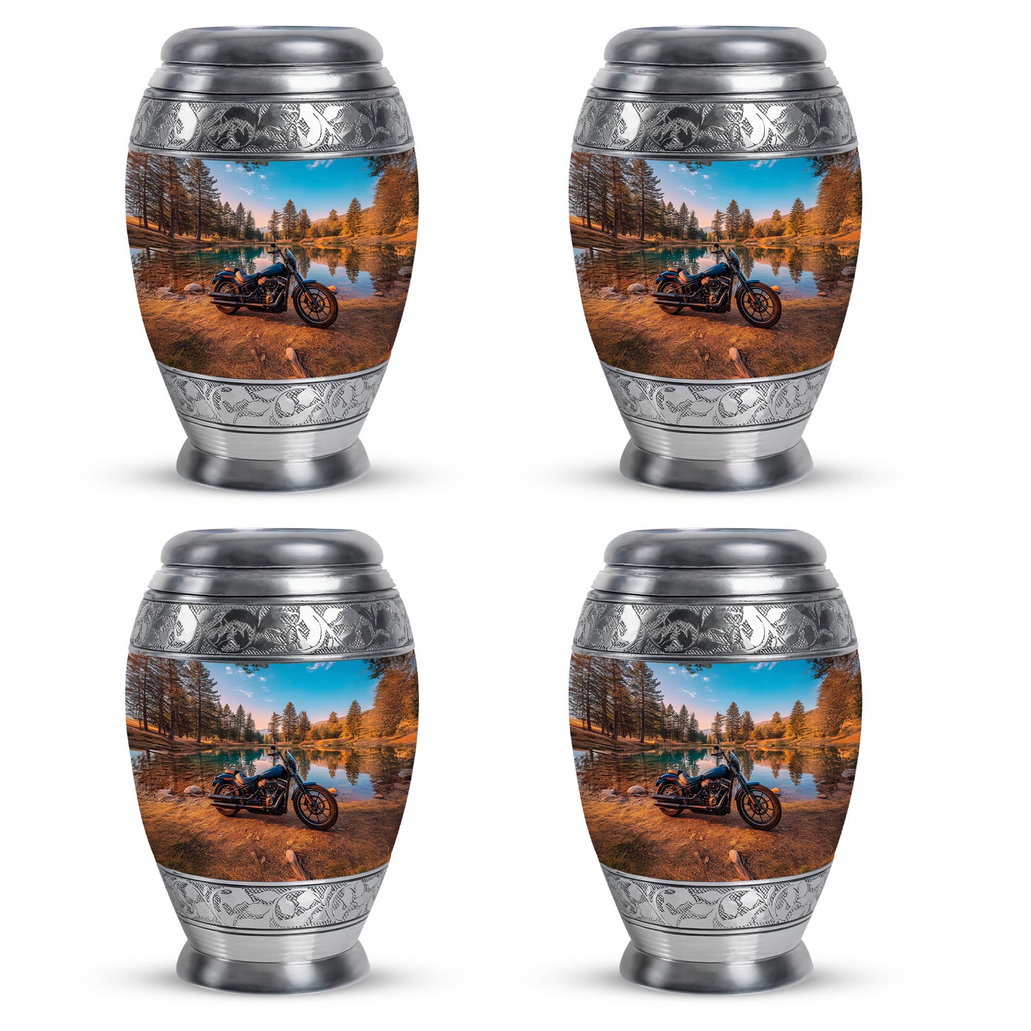 Ocean Teal Bike Cremation Urn urn with complimentary velvet bag - ornate monarch-style bike relief on brushed aluminum - 10 inch aluminum urn for cremated remains