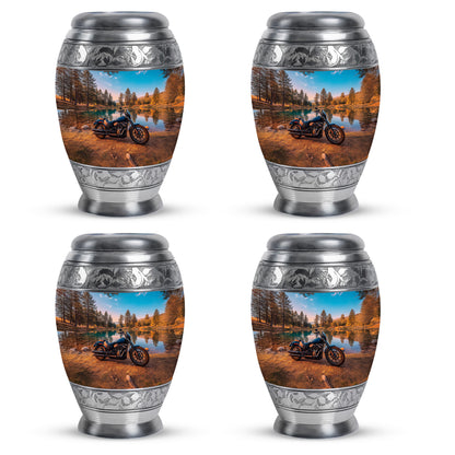 Ocean Teal Bike Cremation Urn urn with complimentary velvet bag - ornate monarch-style bike relief on brushed aluminum - 10 inch aluminum urn for cremated remains