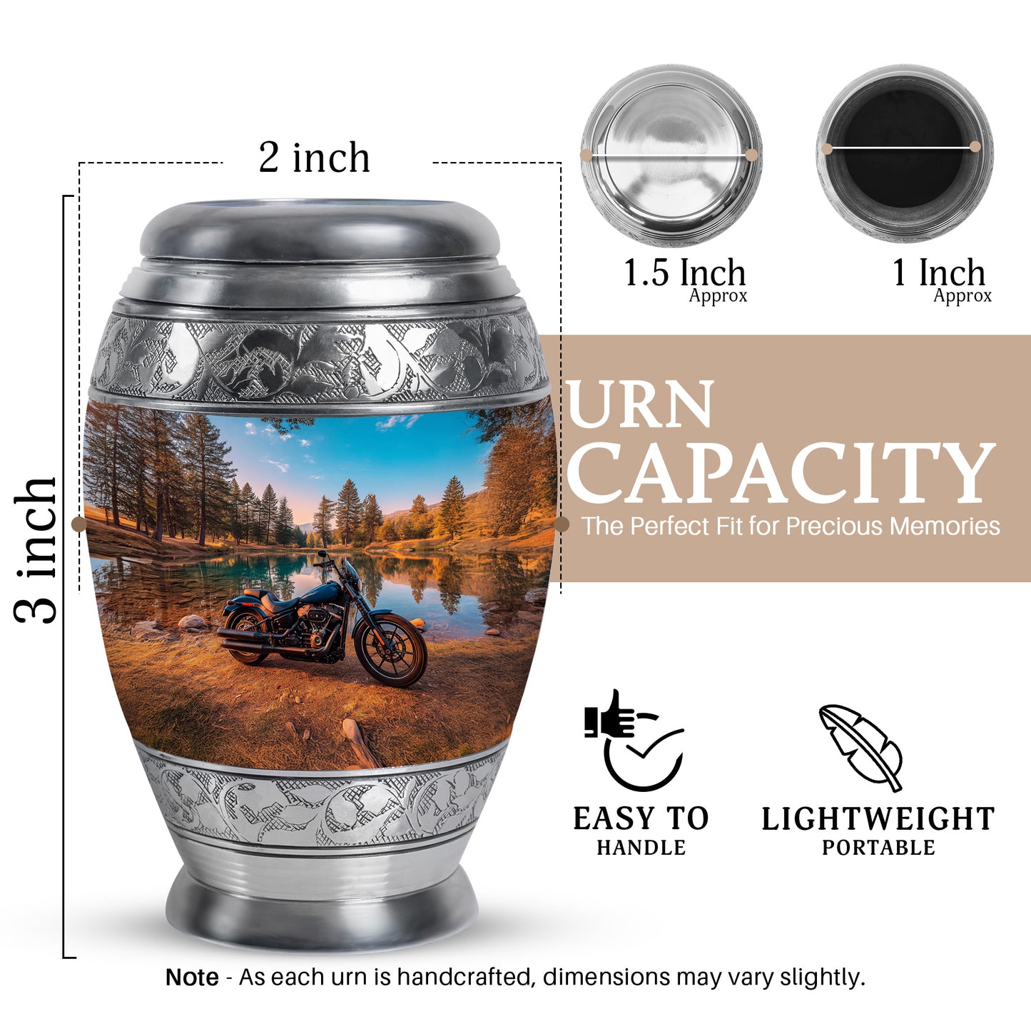 Aqua Teal Bike Cremation Urn lifestyle display on memorial shelf - royal bike engraving with decorative scrollwork - mini keepsake memorial for portion of cremation ashes
