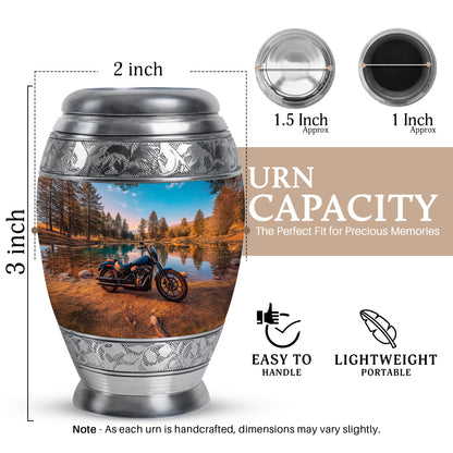 Aqua Teal Bike Cremation Urn lifestyle display on memorial shelf - royal bike engraving with decorative scrollwork - mini keepsake memorial for portion of cremation ashes