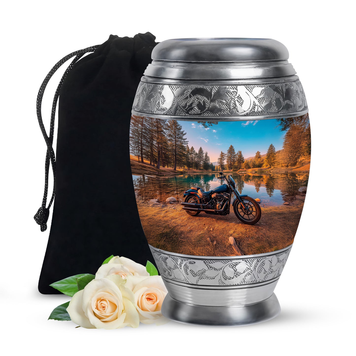 Jewel Teal Bike Cremation Urn back view with polished surface - ornate monarch-style bike relief on brushed aluminum - full-size 10 inch 200 cubic inch adult cremation urn