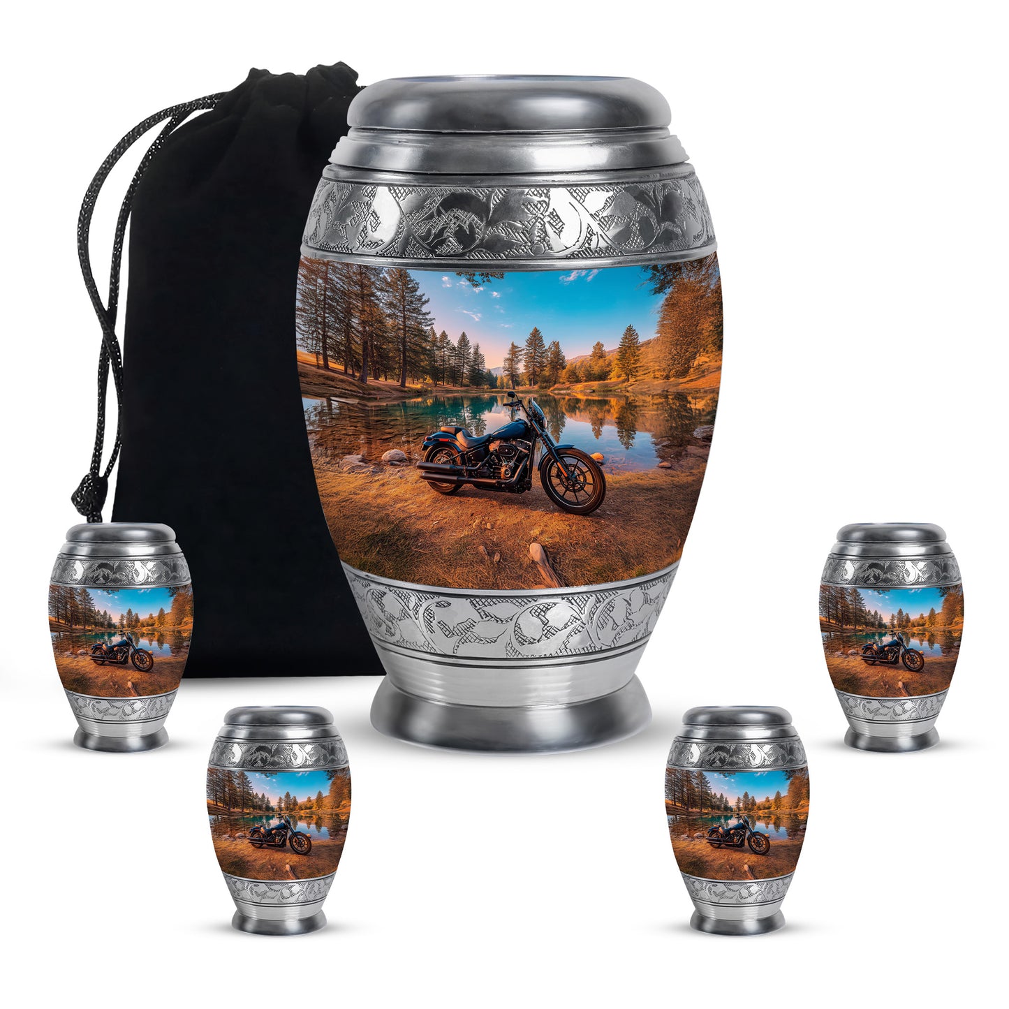 Cool Teal Bike Cremation Urn detail view - ornate monarch-style bike relief on brushed aluminum - memorial set with one large and four small urns