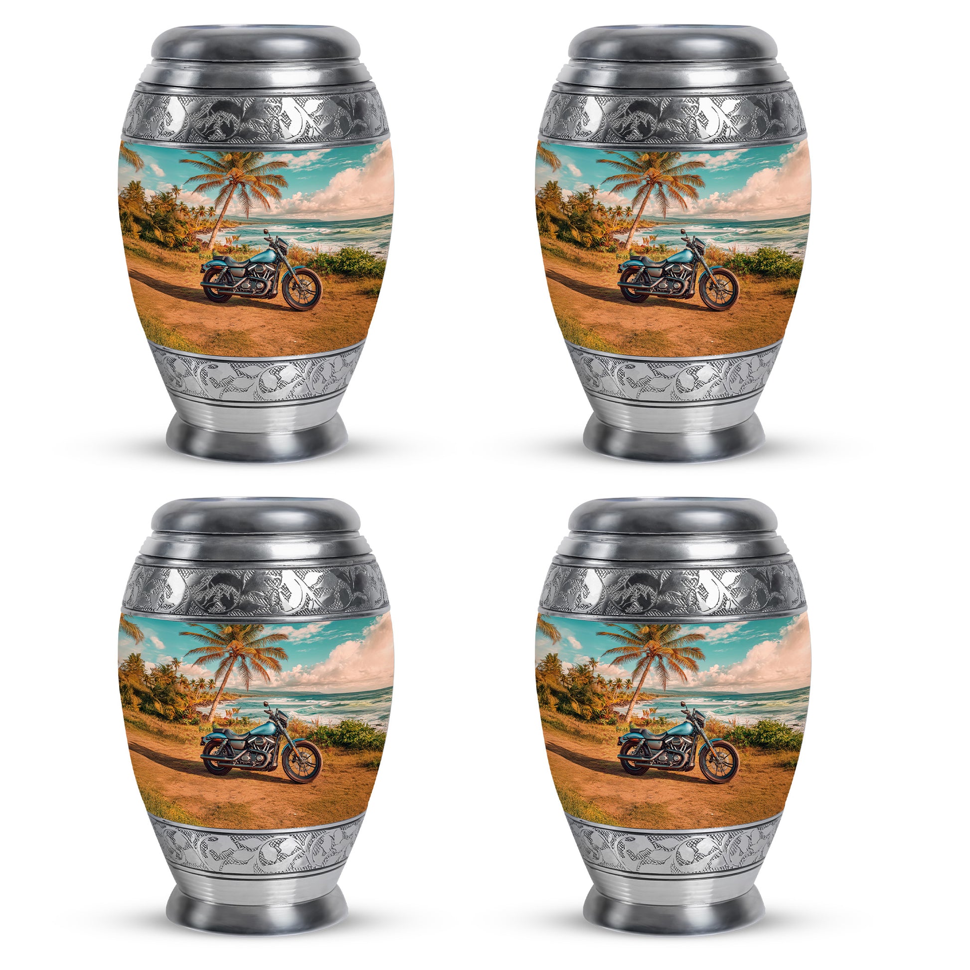 Cool Teal Bike Cremation Urn urn with complimentary velvet bag - regal bike design with crown-inspired accents - 10 inch aluminum urn for cremated remains