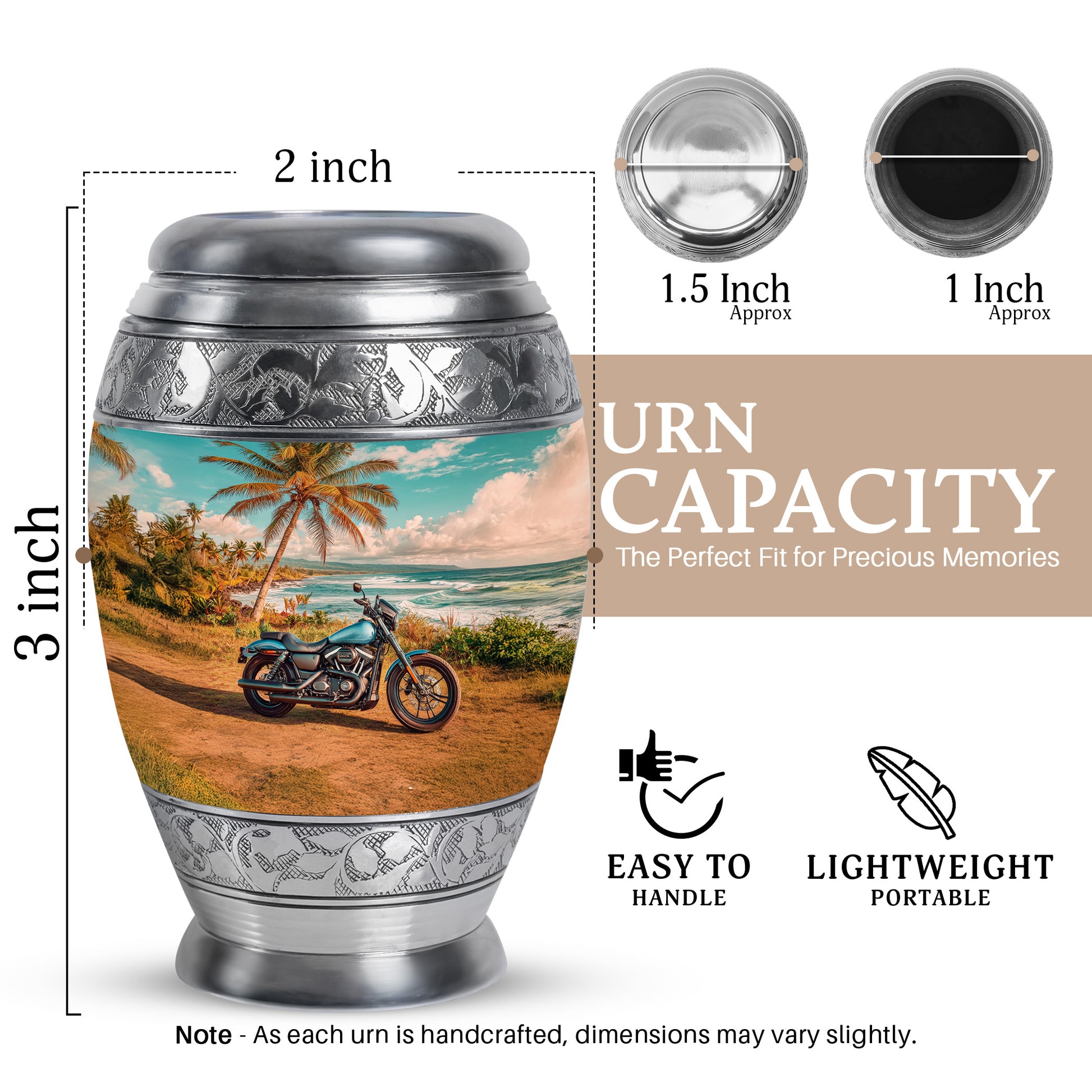 Vivid Teal Bike Cremation Urn lifestyle display on memorial shelf - majestic bike pattern with filigree border - mini keepsake memorial for portion of cremation ashes