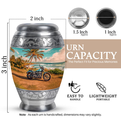 Vivid Teal Bike Cremation Urn lifestyle display on memorial shelf - majestic bike pattern with filigree border - mini keepsake memorial for portion of cremation ashes