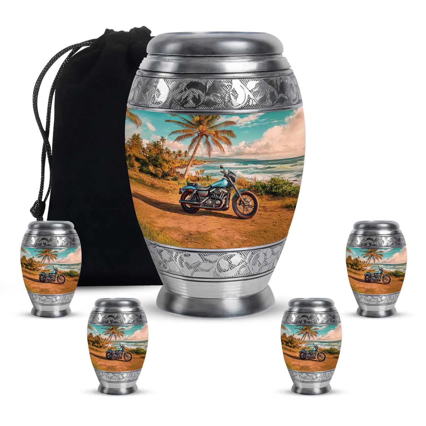 Soft Teal Bike Cremation Urn detail view - ornate monarch-style bike relief on brushed aluminum - memorial set with one large and four small urns