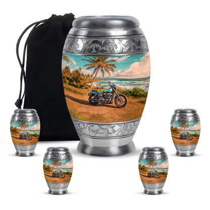 Soft Teal Bike Cremation Urn detail view - ornate monarch-style bike relief on brushed aluminum - memorial set with one large and four small urns