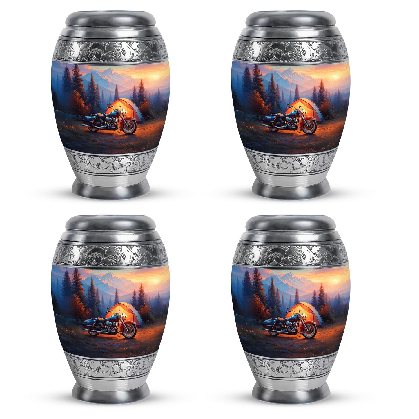 Azure Bike Cremation Urn urn with complimentary velvet bag - ornate monarch-style bike relief on brushed aluminum - 10 inch aluminum urn for cremated remains