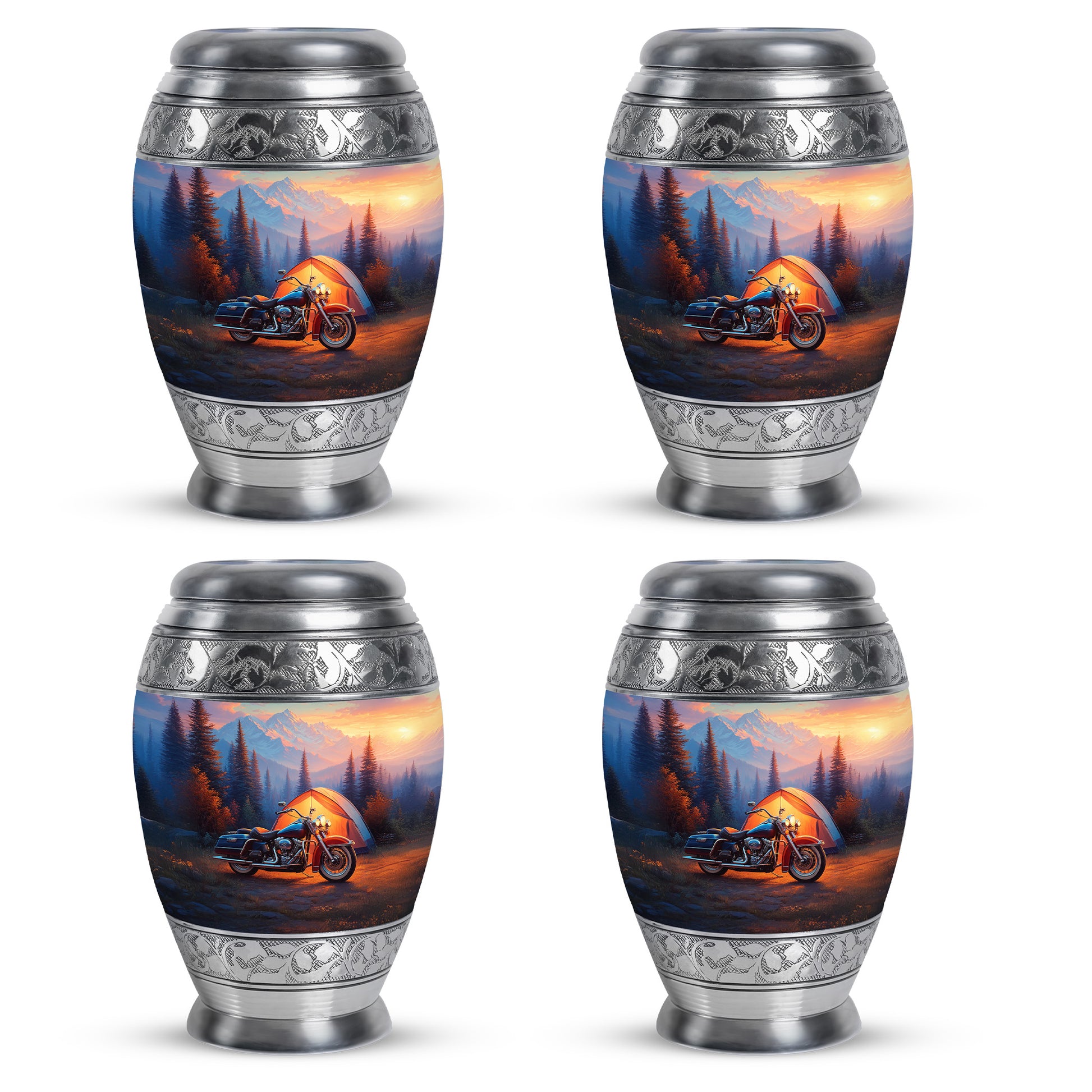 Azure Bike Cremation Urn urn with complimentary velvet bag - ornate monarch-style bike relief on brushed aluminum - 10 inch aluminum urn for cremated remains