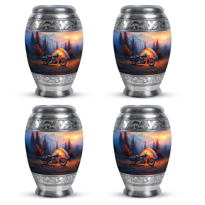 Azure Bike Cremation Urn urn with complimentary velvet bag - ornate monarch-style bike relief on brushed aluminum - 10 inch aluminum urn for cremated remains