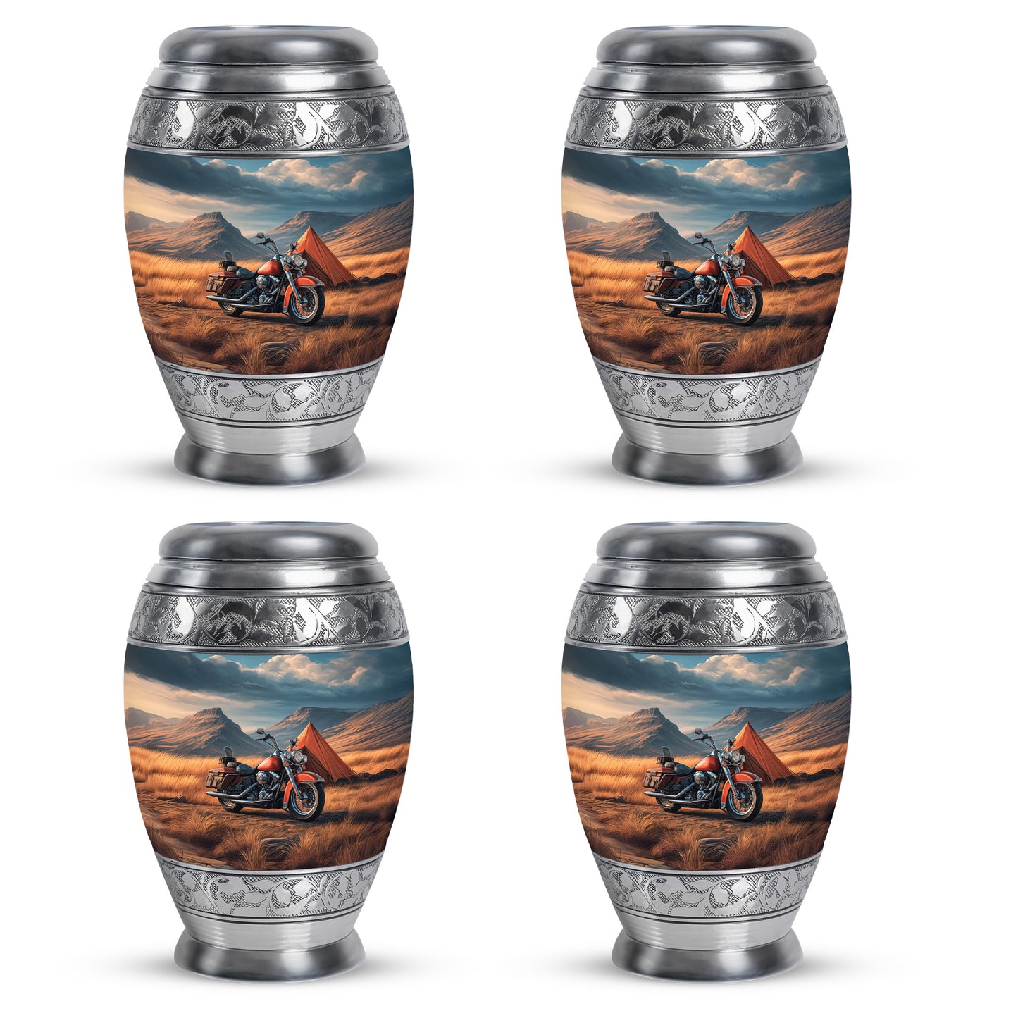 Cobalt Blue Bike Cremation Urn urn with complimentary velvet bag - majestic bike pattern with filigree border - 10 inch aluminum urn for cremated remains