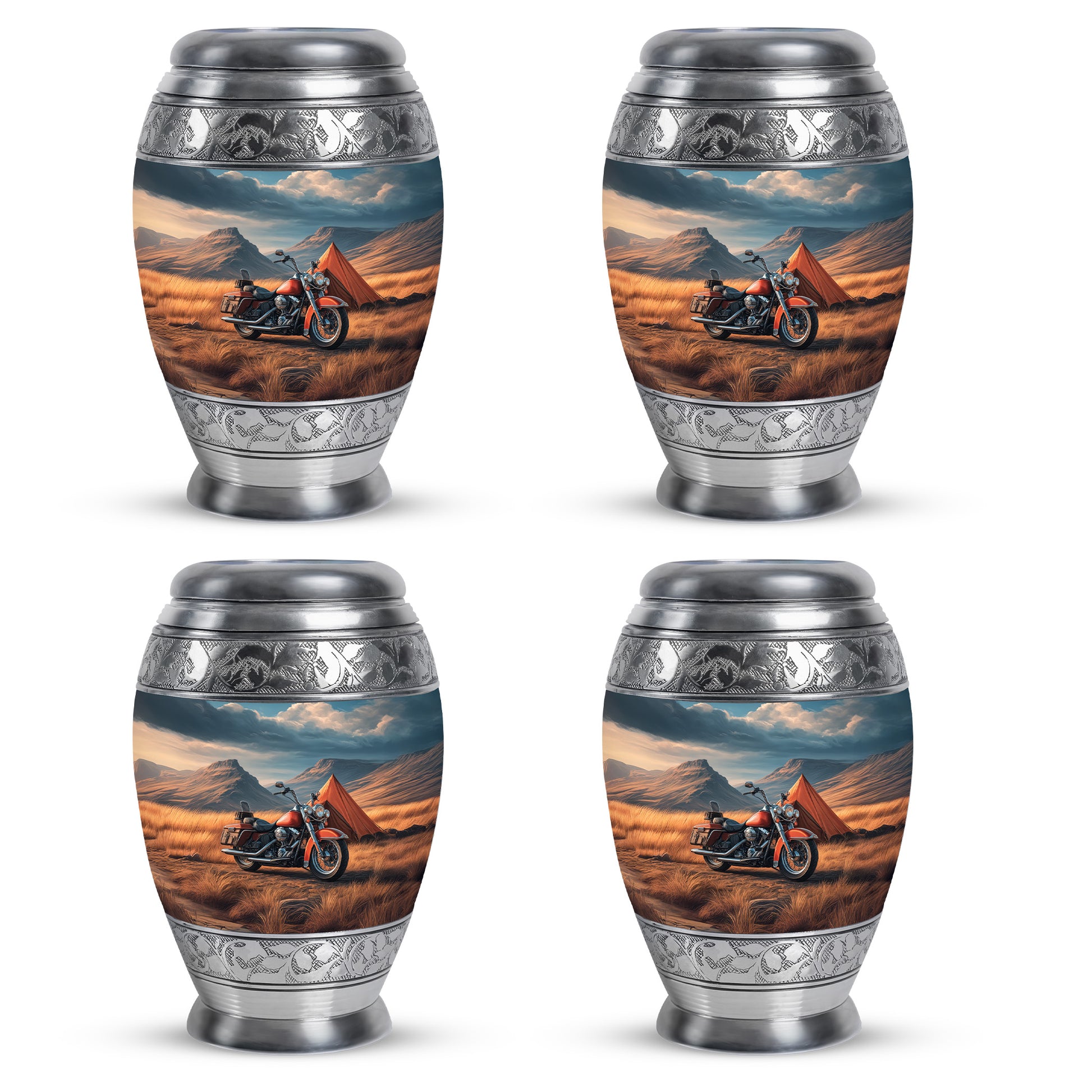 Cobalt Blue Bike Cremation Urn urn with complimentary velvet bag - majestic bike pattern with filigree border - 10 inch aluminum urn for cremated remains