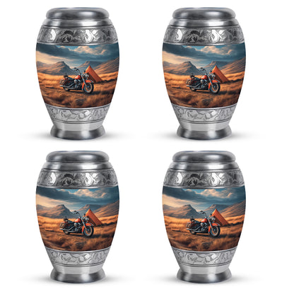 Cobalt Blue Bike Cremation Urn urn with complimentary velvet bag - majestic bike pattern with filigree border - 10 inch aluminum urn for cremated remains