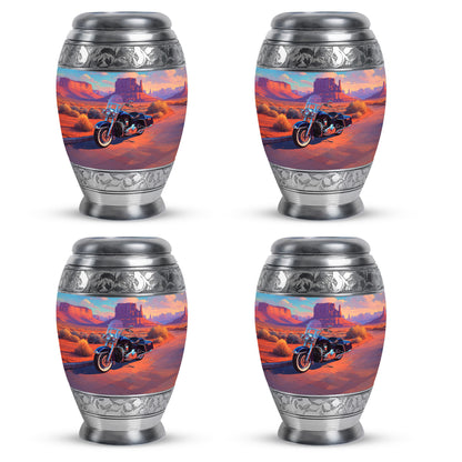 Tropical Teal Bike Cremation Urn urn with complimentary velvet bag - majestic bike pattern with filigree border - 10 inch aluminum urn for cremated remains