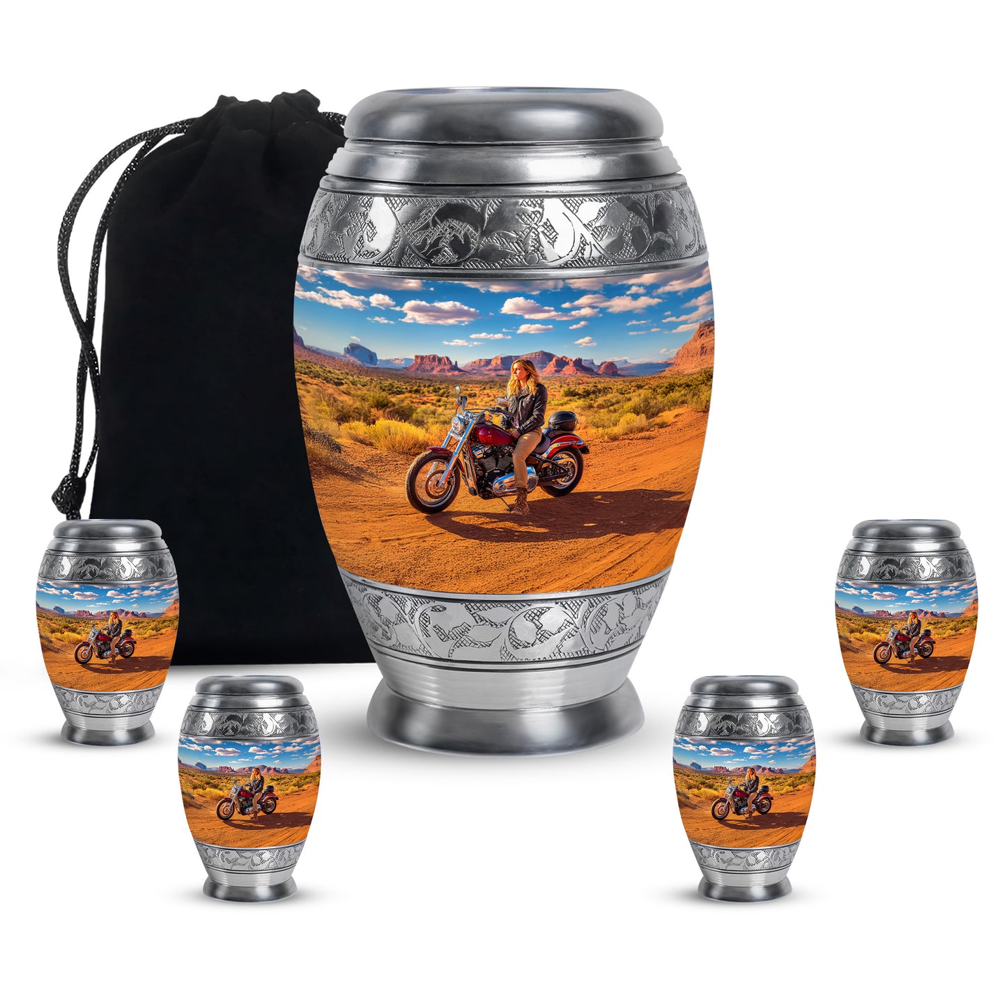 Cobalt Blue Bike Cremation Urn detail view - royal bike engraving with decorative scrollwork - memorial set with one large and four small urns