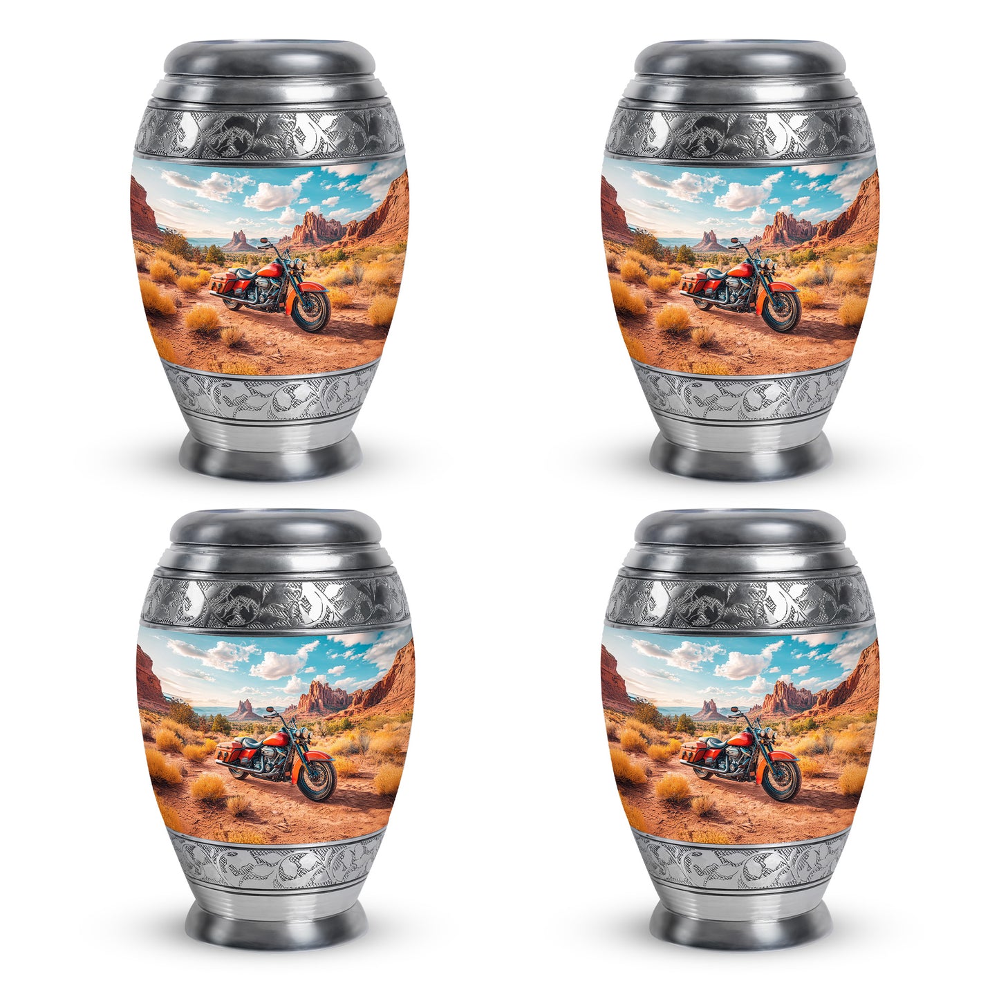 Tropical Teal Bike Cremation Urn urn with complimentary velvet bag - majestic bike pattern with filigree border - 10 inch aluminum urn for cremated remains