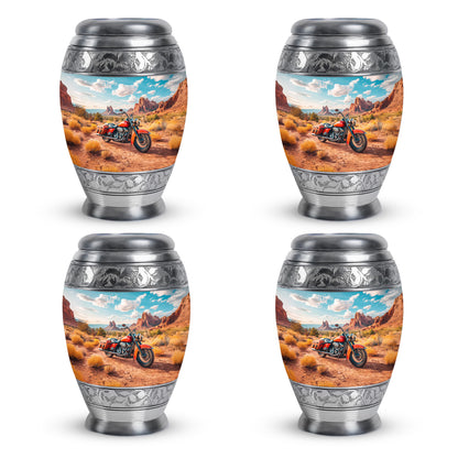 Tropical Teal Bike Cremation Urn urn with complimentary velvet bag - majestic bike pattern with filigree border - 10 inch aluminum urn for cremated remains