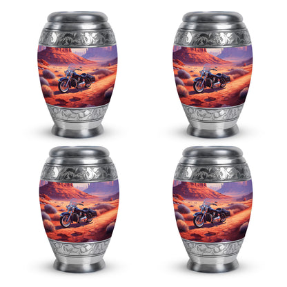 Wine Red Bike Cremation Urn urn with complimentary velvet bag - ornate monarch-style bike relief on brushed aluminum - 10 inch aluminum urn for cremated remains