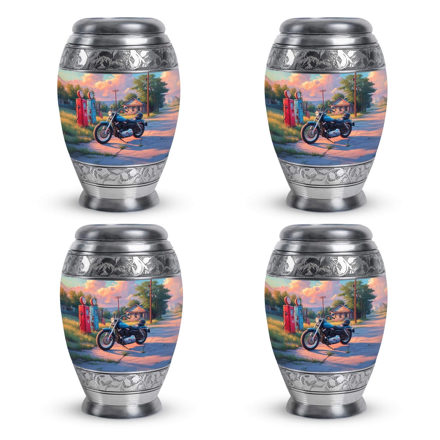 Icy Blue Bike Cremation Urn urn with complimentary velvet bag - ornate monarch-style bike relief on brushed aluminum - 10 inch aluminum urn for cremated remains