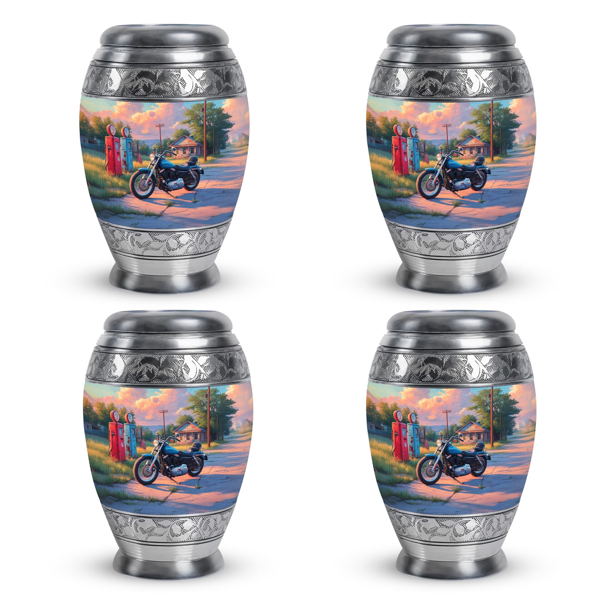 Icy Blue Bike Cremation Urn urn with complimentary velvet bag - ornate monarch-style bike relief on brushed aluminum - 10 inch aluminum urn for cremated remains