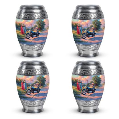 Icy Blue Bike Cremation Urn urn with complimentary velvet bag - ornate monarch-style bike relief on brushed aluminum - 10 inch aluminum urn for cremated remains