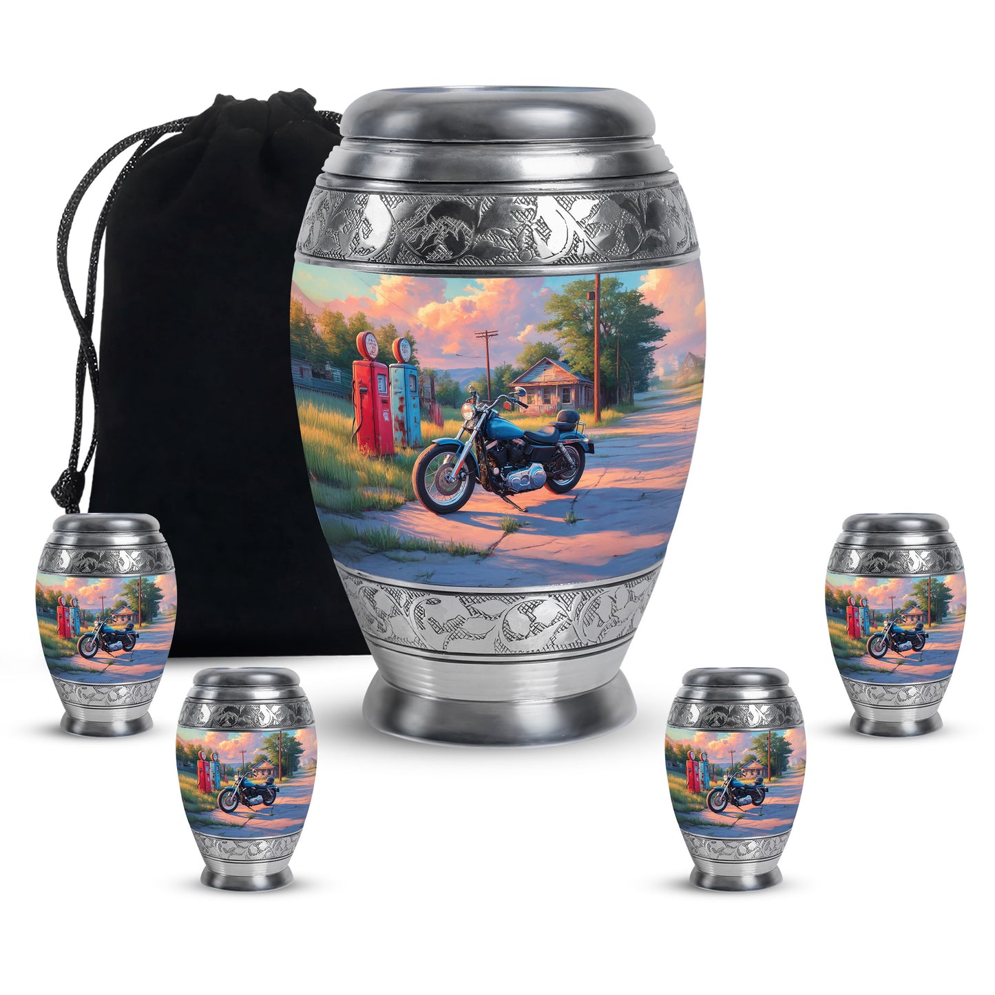 Serene Blue Bike Cremation Urn detail view - royal bike engraving with decorative scrollwork - memorial set with one large and four small urns