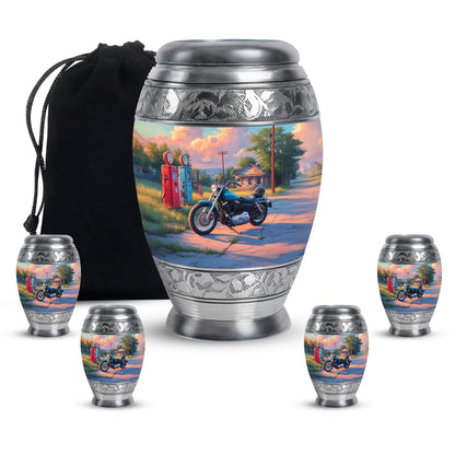 Serene Blue Bike Cremation Urn detail view - royal bike engraving with decorative scrollwork - memorial set with one large and four small urns