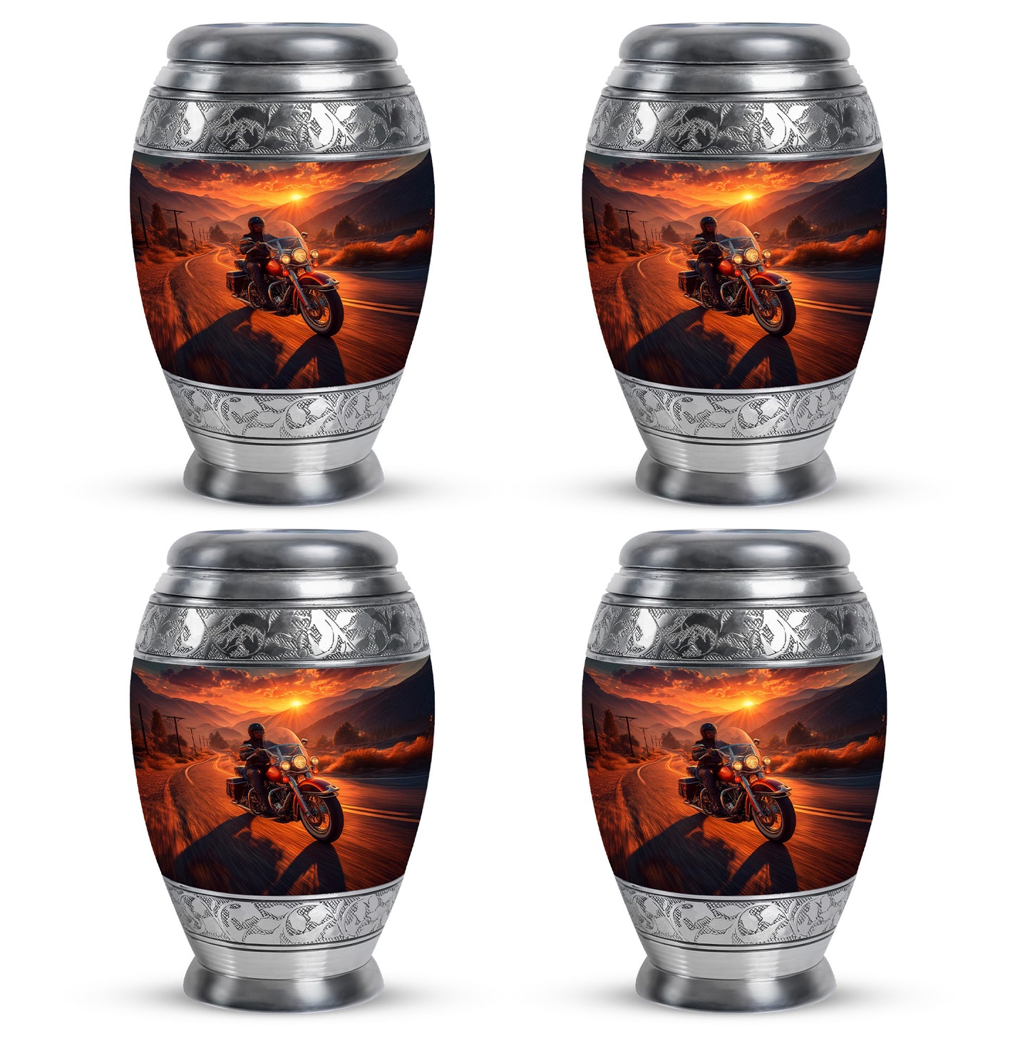 Warm Gold Bike Cremation Urn urn with complimentary velvet bag - majestic bike pattern with filigree border - 10 inch aluminum urn for cremated remains