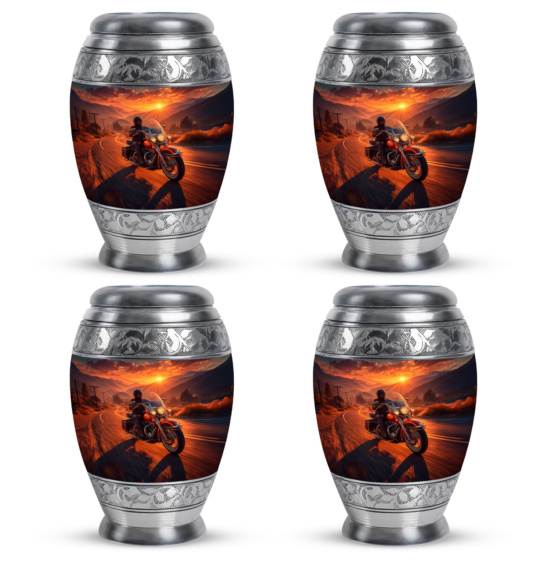 Warm Gold Bike Cremation Urn urn with complimentary velvet bag - majestic bike pattern with filigree border - 10 inch aluminum urn for cremated remains
