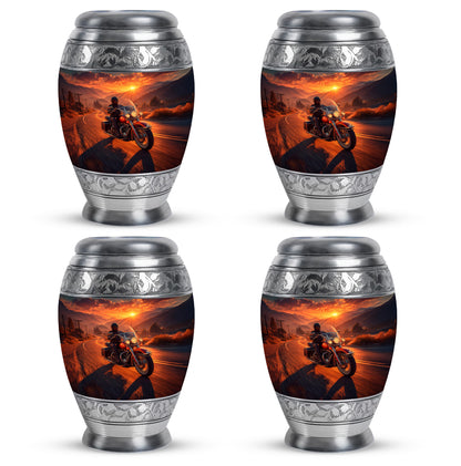 Warm Gold Bike Cremation Urn urn with complimentary velvet bag - majestic bike pattern with filigree border - 10 inch aluminum urn for cremated remains